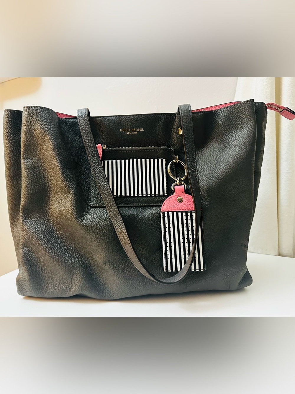 Henri Bendel Grey Pebbled Leather Tote with Pink Trim & Leather Hangtag